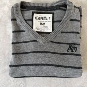 Aeropostale Mens V Neck Sweater Gray Black Striped Logo‎ Knit Medium